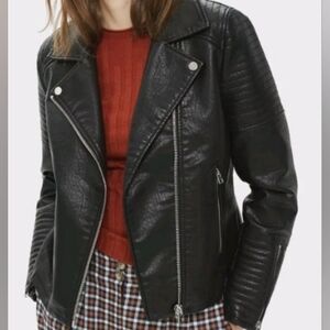 Topshop Rosa Biker Moto Jacket Black Faux Leather Women Size 8